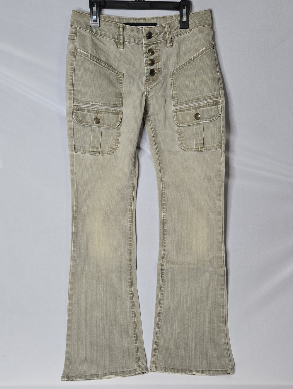 Squeeze Beige/Green Cargo Boot-Cut Flare Jeans with Button Fly Size 3/4